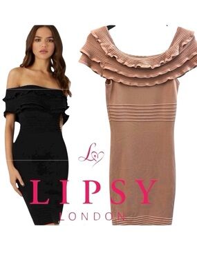 Lipsy London Rose Pink Bardot Off Shoulder Ruffle Bodycon Midi Dress (6)